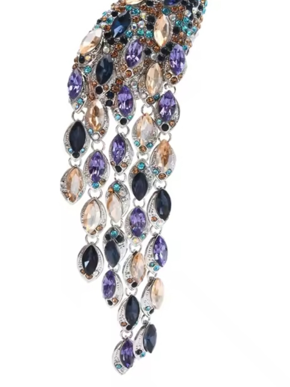 Luxe Peacock Feather Blue Purple Gem Diamond Brooch - Picture 6 of 10